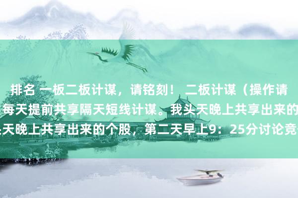 排名 一板二板计谋，请铭刻！ 二板计谋（操作请切记）！短线轮动打板，每天提前共享隔天短线计谋。我头天晚上共享出来的个股，第二天早上9：25分讨论竞价结...