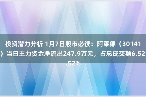 投资潜力分析 1月7日股市必读：阿莱德（301419）当日主力资金净流出247.9万元，占总成交额6.52%