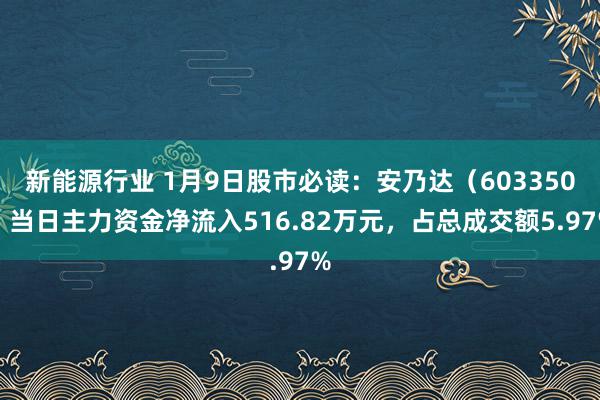 新能源行业 1月9日股市必读：安乃达（603350）当日主力资金净流入516.82万元，占总成交额5.97%