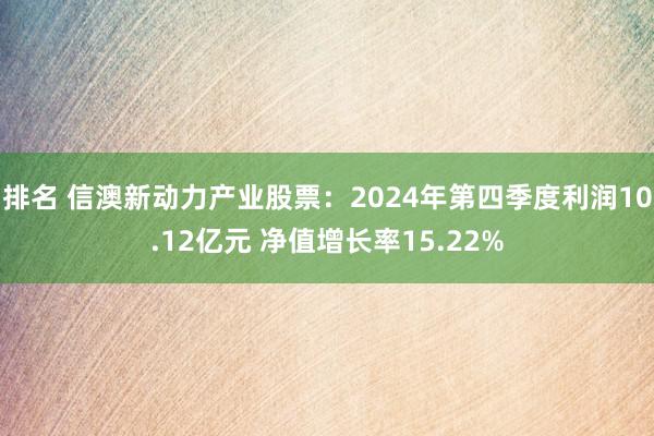 排名 信澳新动力产业股票：2024年第四季度利润10.12亿元 净值增长率15.22%