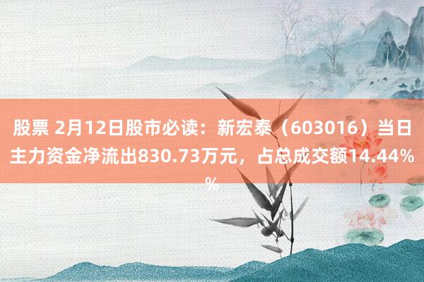 股票 2月12日股市必读：新宏泰（603016）当日主力资金净流出830.73万元，占总成交额14.44%