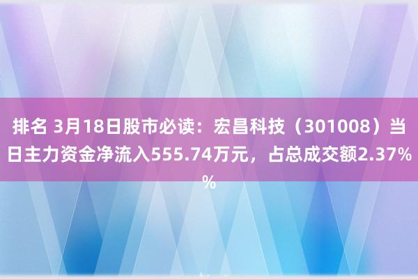 排名 3月18日股市必读：宏昌科技（301008）当日主力资金净流入555.74万元，占总成交额2.37%